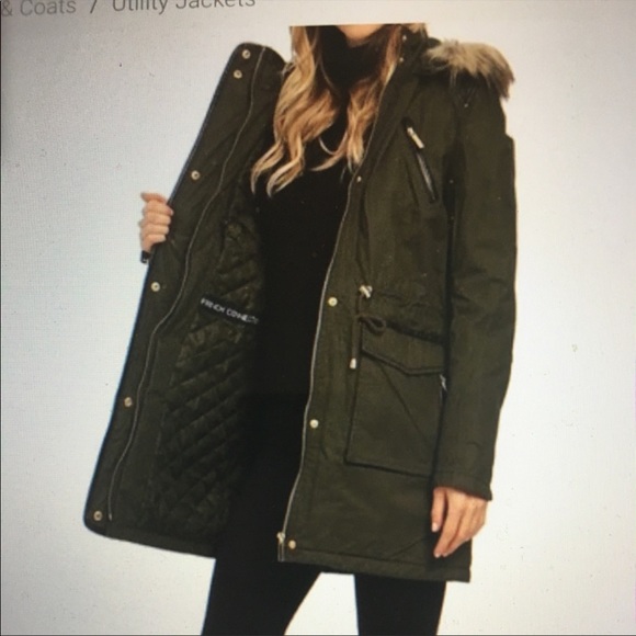 French Connection Jackets & Blazers - French connection szS pine green anorak w faux faux fur/leather trim